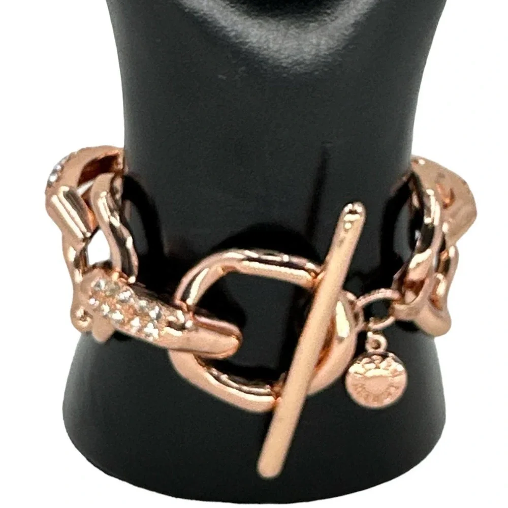 J. Crew Chunky Chain Rhinestones Spacer Rose Gold Toggle Clasp Link Bracelet